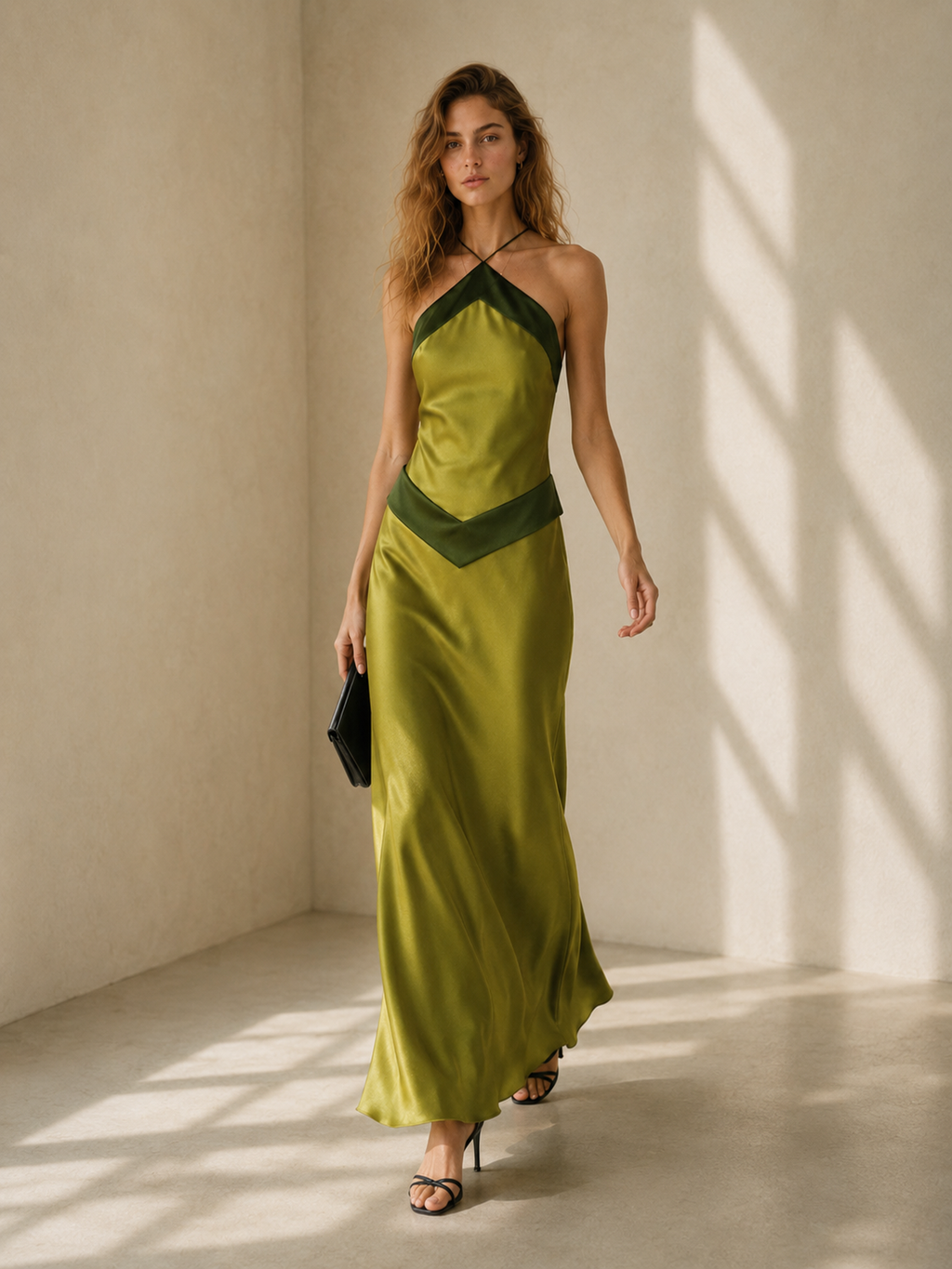 A woman walking in the Elévaison Selene olive green colorblock halter maxi dress, in a sunlit beige interior.