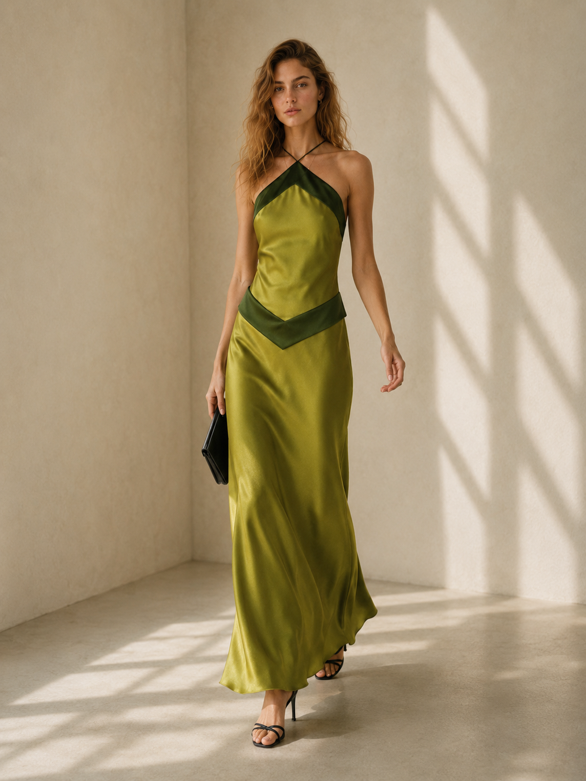 A woman walking in the Elévaison Selene olive green colorblock halter maxi dress, in a sunlit beige interior.