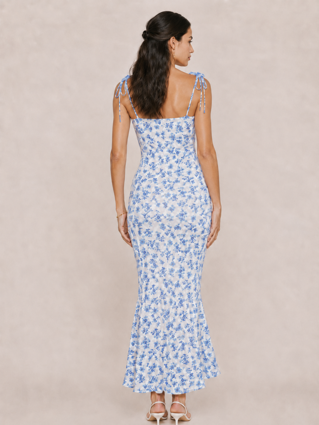Elévaison Noelle blue floral tie strap maxi dress