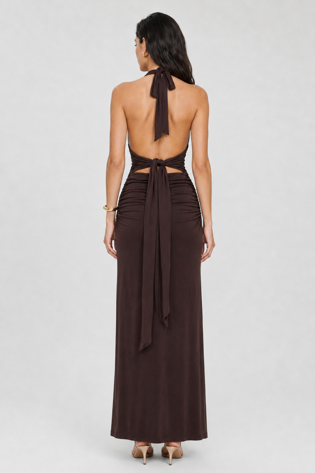 Elévaison Vivienne burgundy deep V open back ruched maxi dress