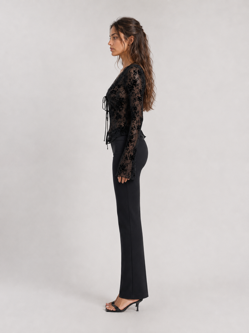 Elévaison Celeste brown sheer floral tie front blouse