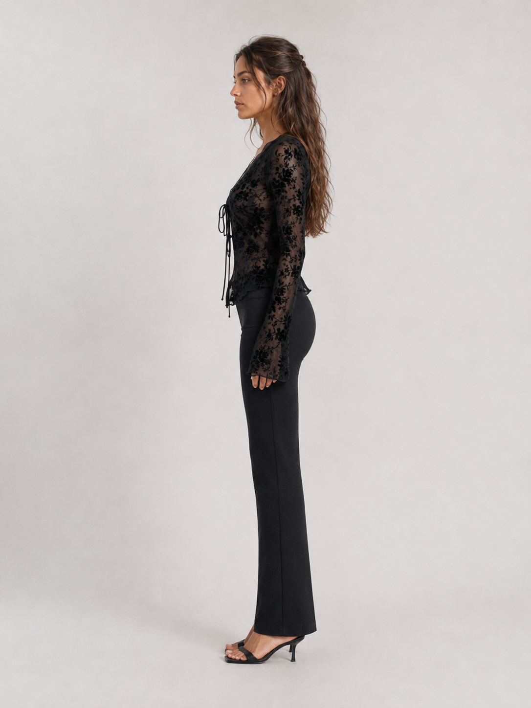 Elévaison Celeste brown sheer floral tie front blouse