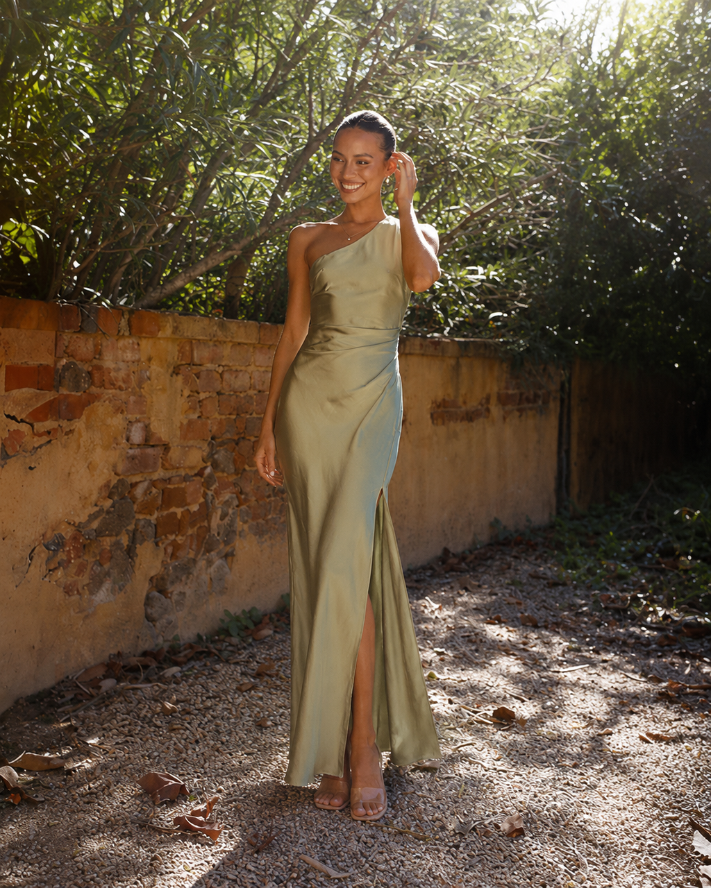 Elévaison Amelie light green one shoulder satin look maxi dress