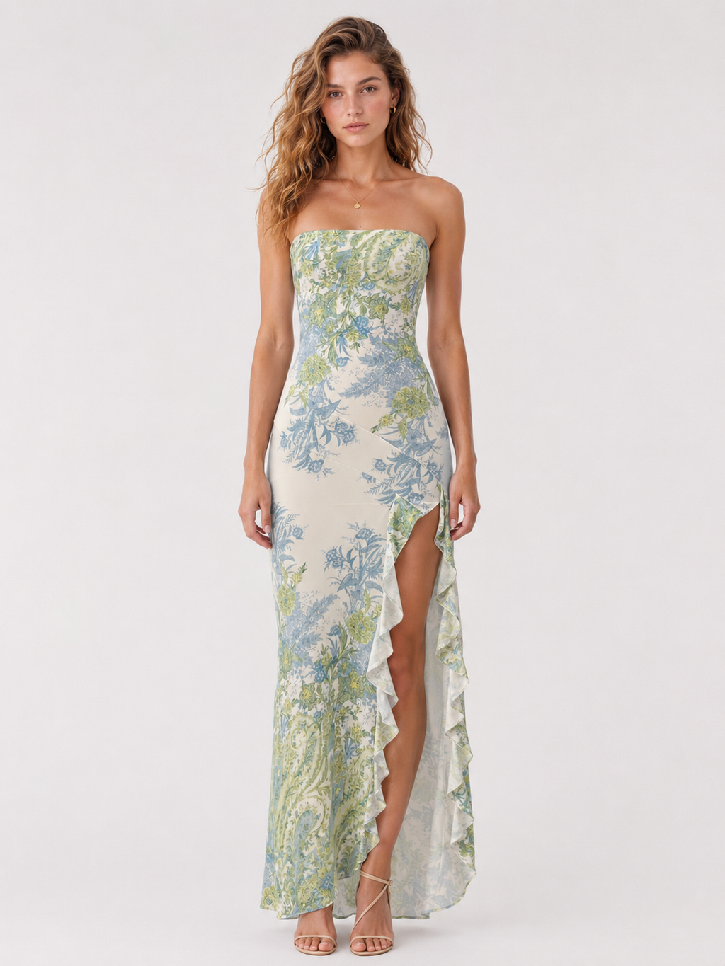 Elévaison Liora light green botanical bandeau ruffle maxi dress