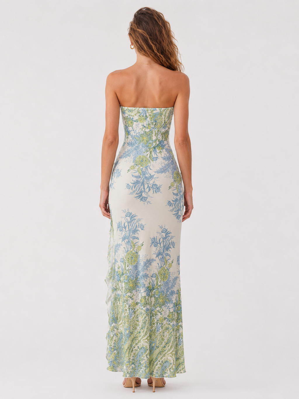 Elévaison Liora light green botanical bandeau ruffle maxi dress