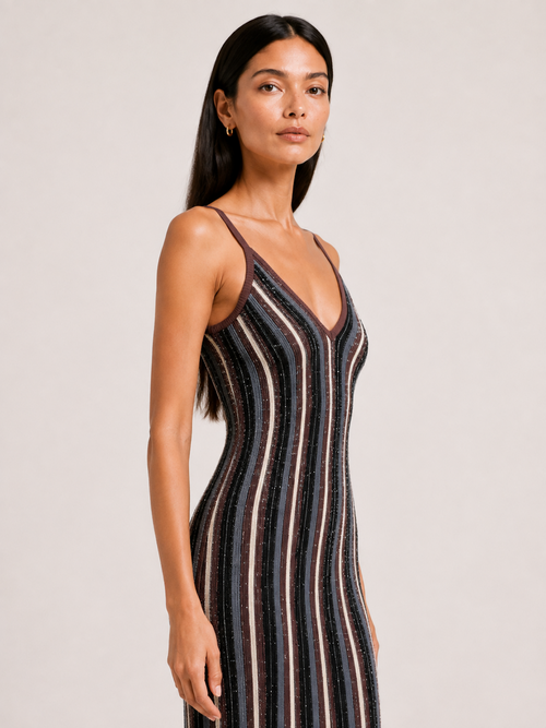 Upper-body view of the Elévaison Viola Moonlit Cocoa Stripe sequin-knit V-neck maxi dress against a light gray studio background.