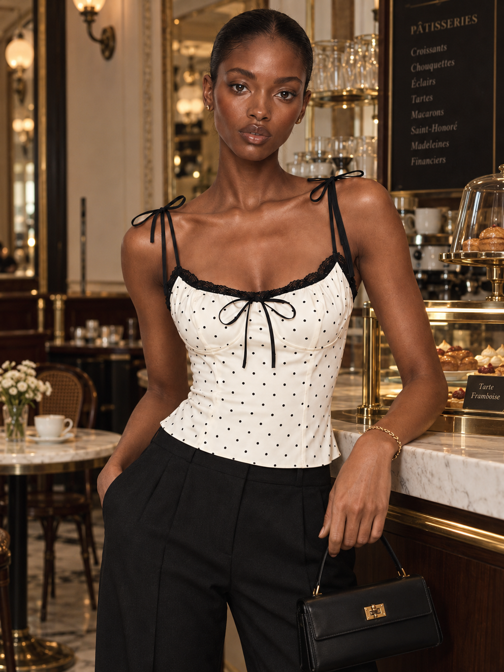 Model wearing the Porcelain Microdot Elévaison Elowen Sleeveless Top with contrast lace trim in a warmly lit café.