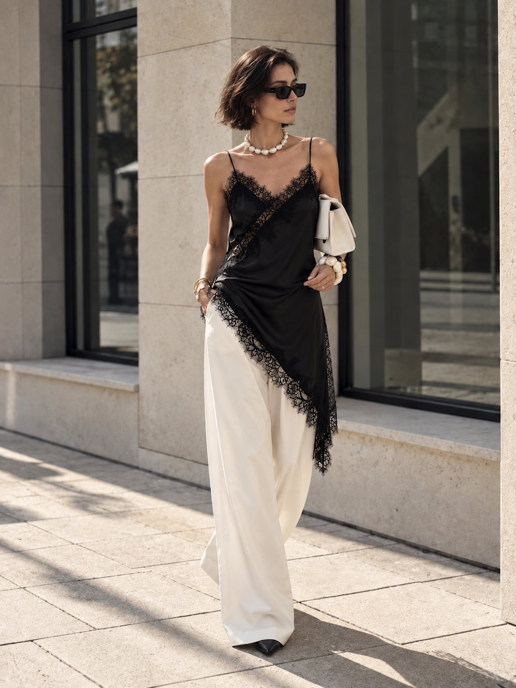 Model wearing the Light Yellow Elévaison Renata Sleeveless Top with lace trim and an asymmetric pointed hem in studio.