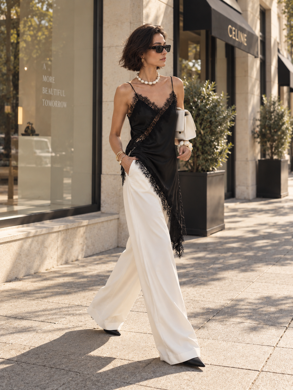 Side view of the Light Yellow Elévaison Renata Sleeveless Top with slim straps, lace trim and pointed asymmetric hem.