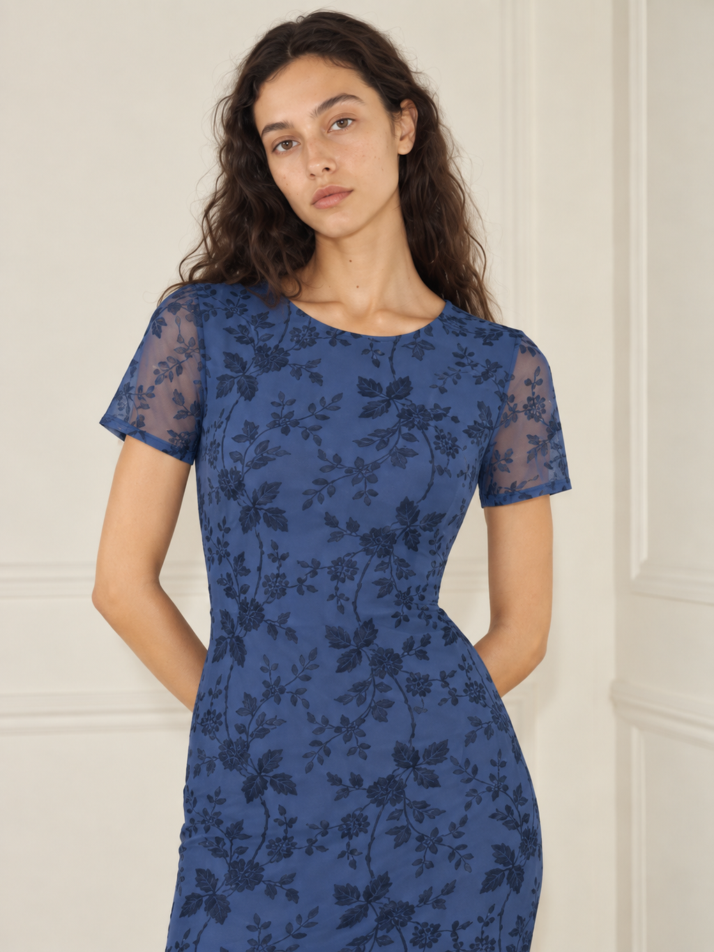 Elévaison Juliette Dress in blue, close-up front view showing the floral overlay and sheer short sleeves against a warm cream paneled studio background.