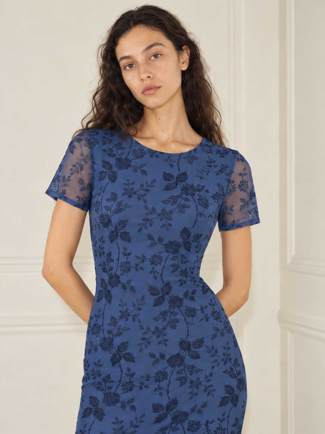 Elévaison Juliette Dress in blue, close-up front view showing the floral overlay and sheer short sleeves against a warm cream paneled studio background.