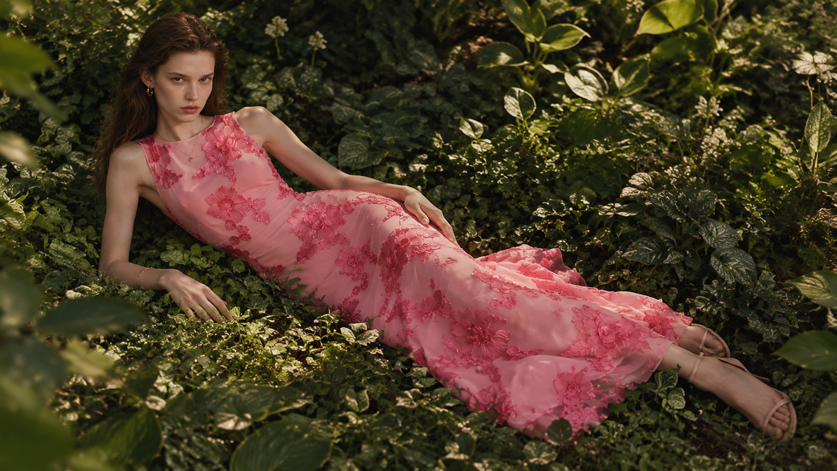 Elévaison fashion banner showing a model reclining in a pink floral sleeveless maxi dress in a garden.